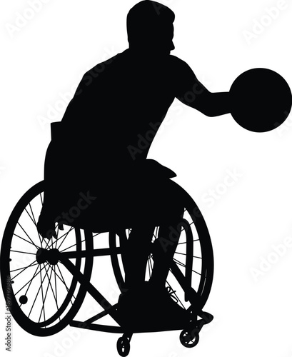 Wheelchair basketball player silhouette vector illustration, adaptive sport athlete dribbling ball isolated on white background inclusive disability sports concept design