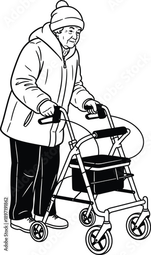 Elderly Woman with Walker: Senior Care Illustration, Mobility Aid, and Senior Lifestyle