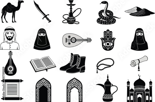 Arabian and Islamic Culture Icons: Camel, Sword, Hookah, Snake, and Islamic Architecture