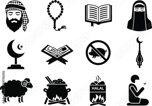 Islamic Icons: Prayer, Mosque, Quran, Halal Food, Sheep, and Crescent Moon