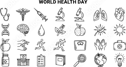 World Health Day Black and White Hand Drawn Line Art Icon Set of Medical, Wellness, and Healthy Lifestyle Symbols