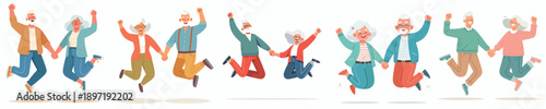 vector of a old couple jumping happily while holding hands
