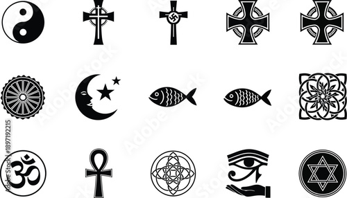 Compilation of diverse religious symbols from various faiths including Christianity, Islam, Buddhism, Hinduism, and Yin Yang, representing spirituality and belief.