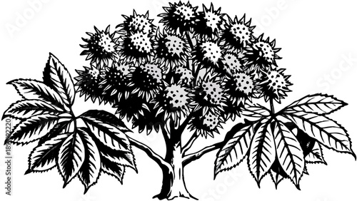 Very beautiful sweet chestnut tree in full bloom, captured with intricate botanical detail, highlighting fresh green tones, delicate textures, and the elegance of seasonal plant growth.