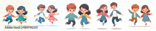 vector of a 2 children jumping happily while holding hands