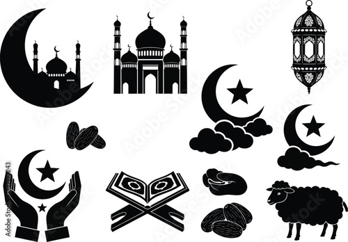 Islamic elements for Ramadan and Eid, featuring mosques, crescent moons with clouds, holy book, dates, and a sheep, suitable for festive designs and greetings.