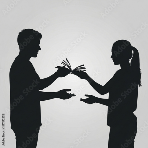 Man and woman exchanging a book in a simple illustration