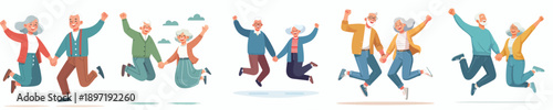vector of a old couple jumping happily while holding hands