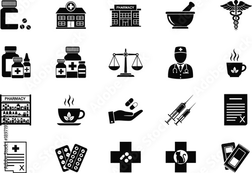 Pharmacy and medical icons featuring medicine bottles, pills, mortar and pestle, caduceus symbol, doctor, pharmacy storefront, and medical cross for healthcare themes.