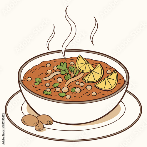 A steaming bowl of flavorful soup with lemon slices and herbs