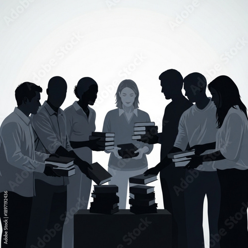A group of professionals gathering around a table with documents in a meeting room setting from a frontal viewpoint