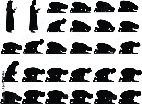 Sequence of Islamic prayer poses illustrating Salat, with individuals transitioning from standing to bowing and prostration.