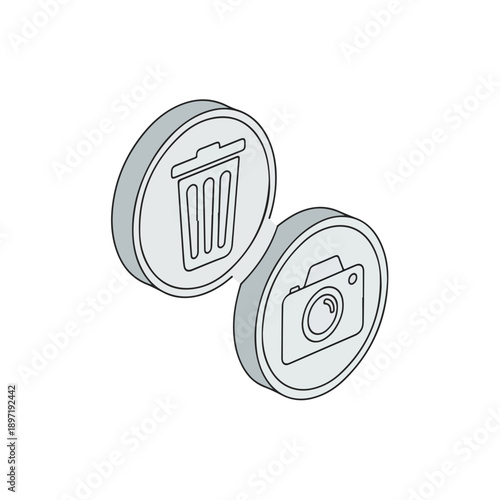 Isometric icons of a trash can and a camera, representing deleting or saving photos, digital art, graphic design