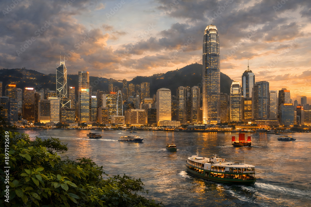 Obraz premium Hong Kong skyline with Victoria harbour at dusk boats and city lights glow
