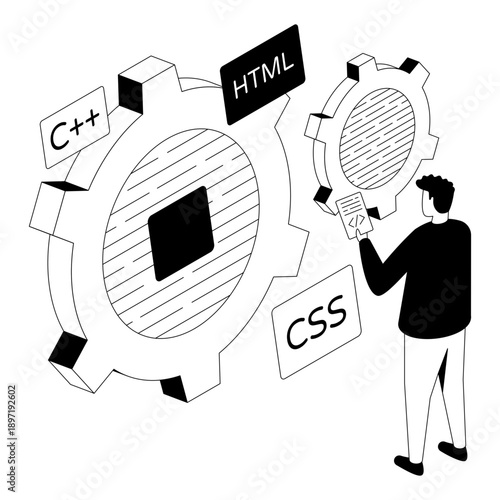 A glyph isometric design illustration of software developer 