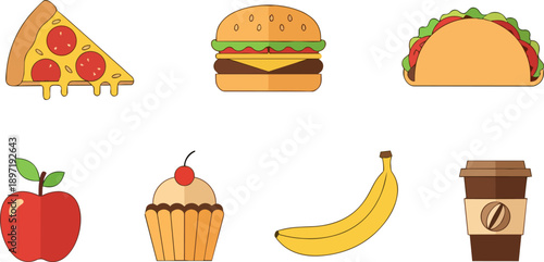 A vibrant and diverse collection of flat-design food items, featuring popular culinary choices from savory fast food to wholesome fruits, sweet desserts, and coffee