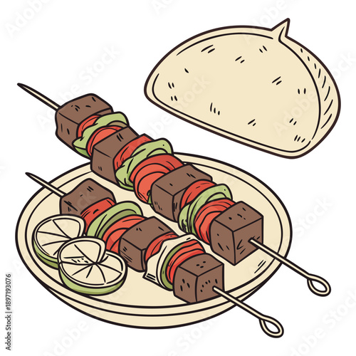A plate of delicious meat skewers with vegetables and a side of pita bread