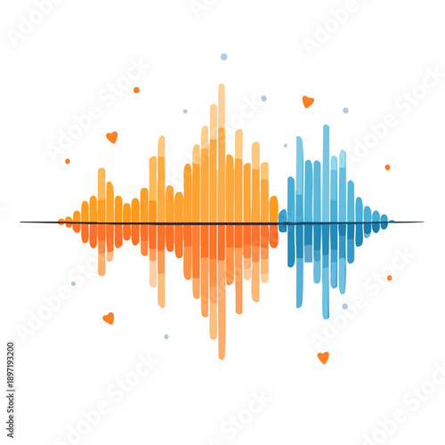 Vibrant sound wave illustration with orange and blue frequencies and abstract shapes