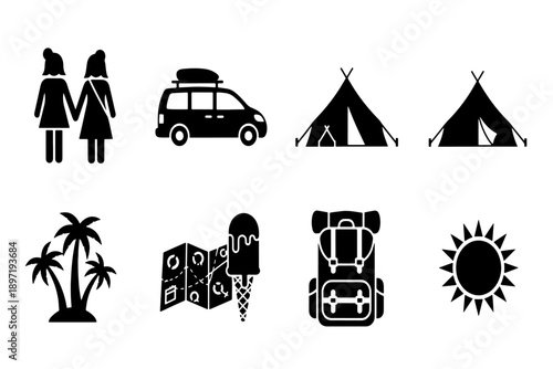 Collection of black travel and summer vacation vector icons
