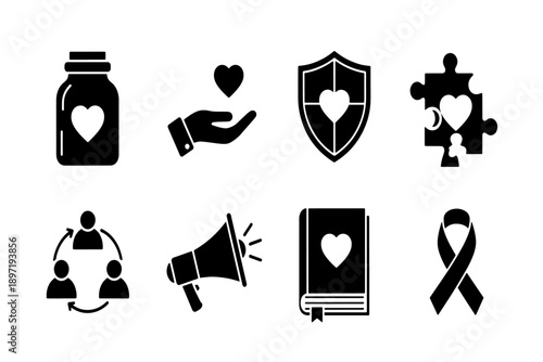 Simple Black Charity, Healthcare, and Community Support Vector Icons Set