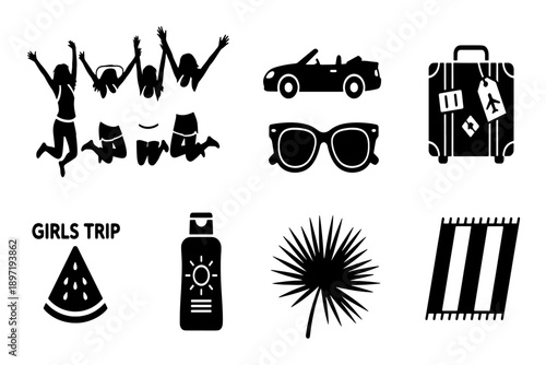 Set of Black Summer Travel and Vacation Vector Icons. Girls Trip Collection with Car, Sunglasses, and Suitcase.