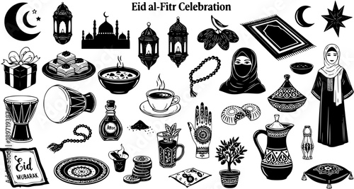 Black and White Line Art Islamic Eid al-Fitr Celebration Icons - Muslim Traditions  Culture Symbols
