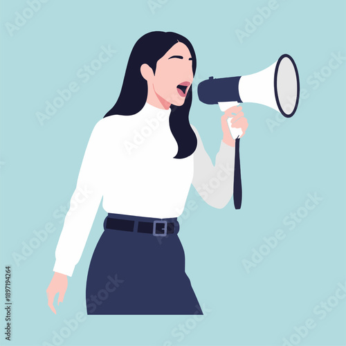 Woman Shouting Through Megaphone Loudly.