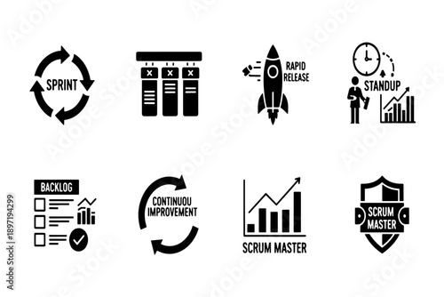 Black Agile Scrum Project Management Vector Icons Set including Sprint, Backlog, Standup