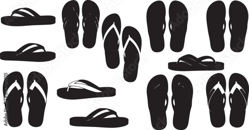 Set of black flip flops and sandals isolated on white background minimalist footwear collection summer beach vacation essentials