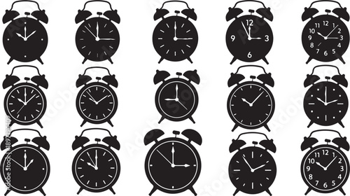 Collection of twelve black and white alarm clocks showing different times isolated on white background minimalist design