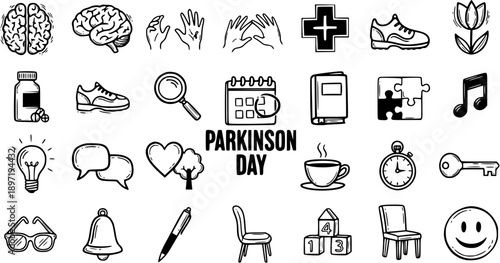 Parkinson's Day Icons: Brain, Health, Support Symbols in Black and White Line Art