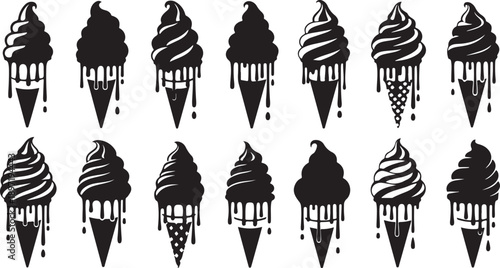Set of 12 black and white ice cream cones dripping melting dessert icons vector illustration isolated on white background