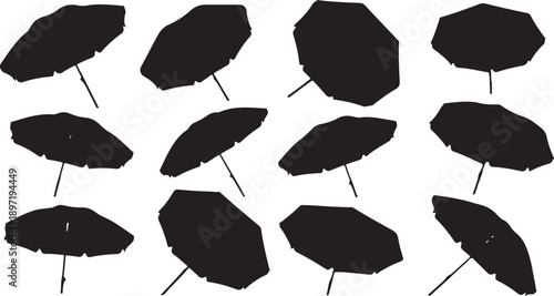 Black umbrellas arranged in geometric pattern on white background minimalist abstract design commercial use