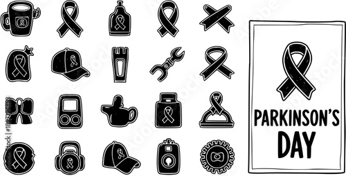 Parkinson's Day icons: ribbon, awareness, support, medical symbols, line art
