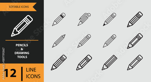 A collection of editable line icons featuring various pencils and drawing tools for creative designs