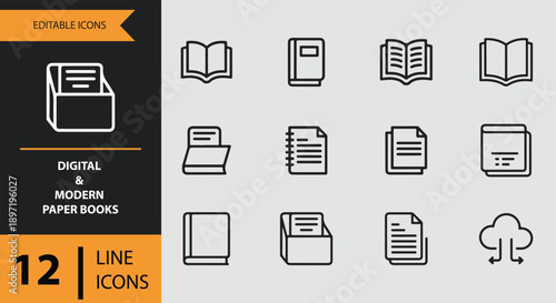 Digital and modern paper books line icon set featuring documents, files, and cloud storage