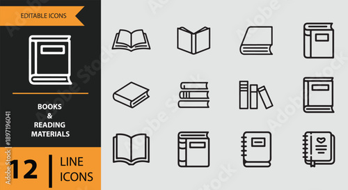 Diverse collection of 12 editable line icons representing books and various reading materials