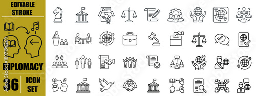 Diplomacy Icons Set – Handshake, Negotiation, Agreement, Embassy, Peace, Flag, Document, Communication and International Relations Line Icons, Editable Stroke Vector Illustration for Business, Politic