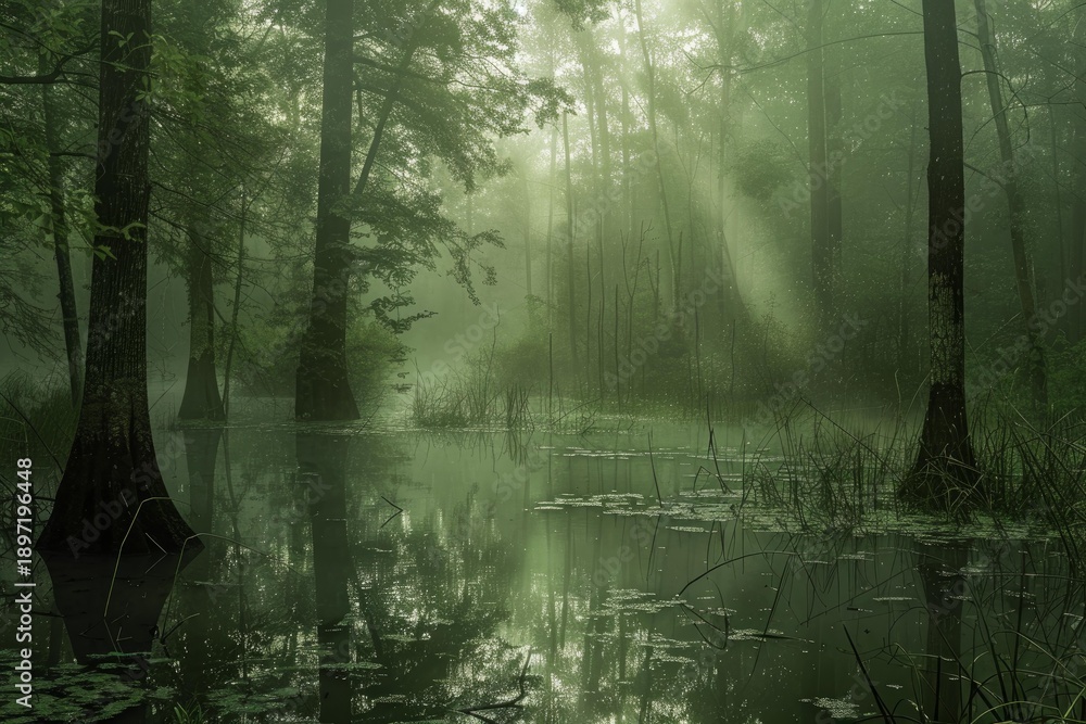 Fototapeta premium Swamp forest landscape with sunbeams filtering through fog, creating an ethereal and mysterious atmosphere