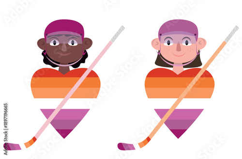 Lesbian hockey players, women in sports. Month of visibility of the LGBTQ+ community. vector illustration in a flat style