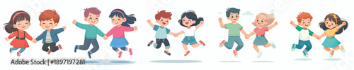 vector of a 2 children jumping happily while holding hands
