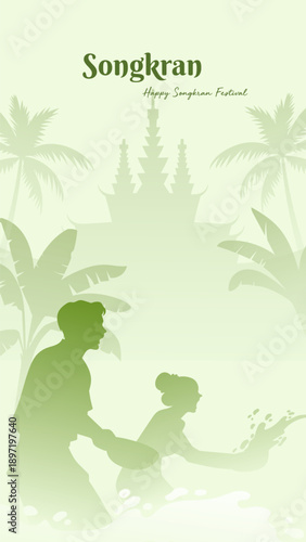 Thailand Songkran Silhouette Poster Joyful People Traditional Thai Buildings Tropical Plants