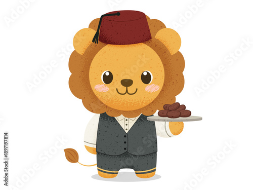 Cute Kawaii Lion Character in Traditional Vest and Fez Hat Holding a Tray of Dates, Ramadan Kareem Flat Vector Illustration