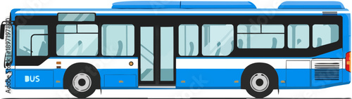 Blue and white public transport bus illustration with detailed windows and wheels