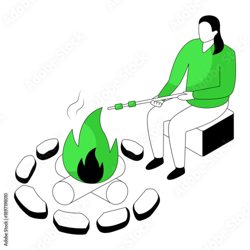 Conceptual flat isometric design illustration of roasting marshmallows 