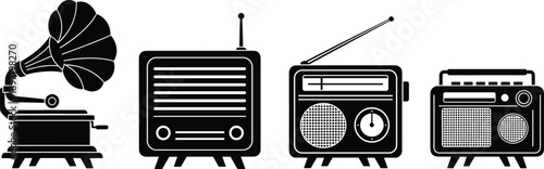 Retro audio equipment silhouette set, vintage gramophone radio icons, old music player collection, broadcast technology vector, black isolated illustration, white background