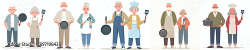 vector standing old couple carrying kitchen tools
