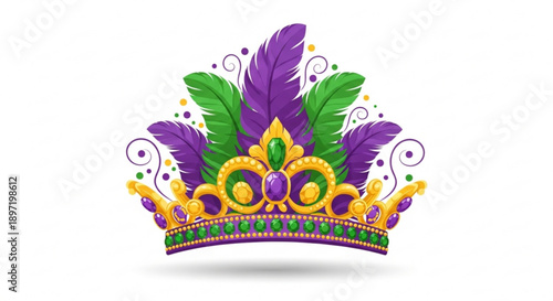 Mardi Gras Crown with Purple and Green Feathers Isolated on White