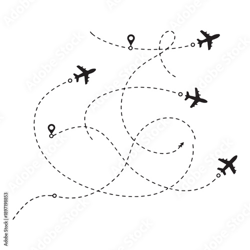 Airplane Travel Route with Dotted Flight Path Vector Icons