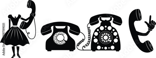 Retro telephone silhouette set, vintage rotary phone, woman holding handset, cartoon hand receiver, communication icon, black vector illustration, isolated